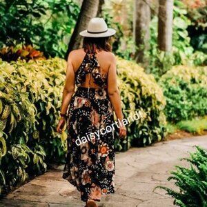 Free People Marigold Smocked Waist Ruffle Strap Floral Maxi Dress Black